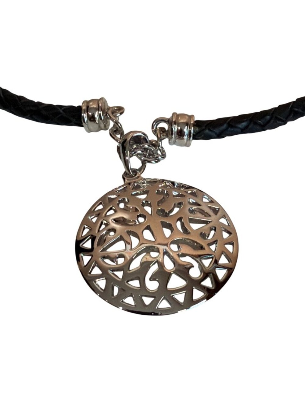 Braided Black Leather Necklace With Silver Filigree Pendant Medallion Intricate